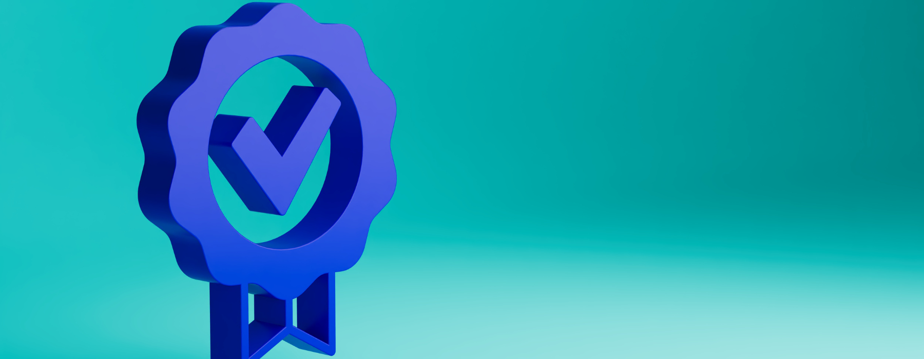Ícone 3D de selo azul com símbolo de check, representando a acreditação em saúde.