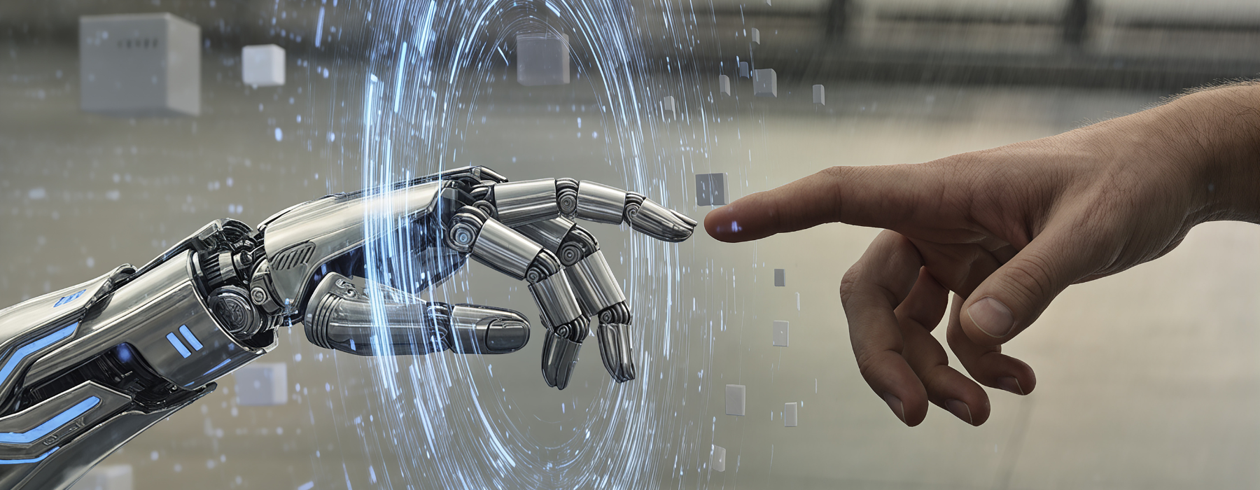 Mão humana e mão robótica tocando os dedos indicadores, simbolizando colaboração entre humanos e tecnologia.