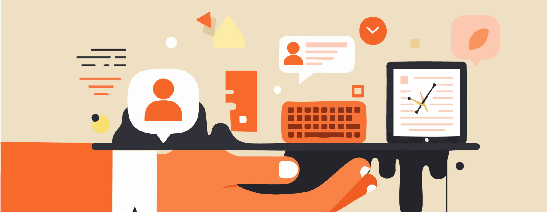 Ilustração de mão segurando um teclado e um notebook com ícones de comunicação, representando o conceito de workflow digital e integração de processos.