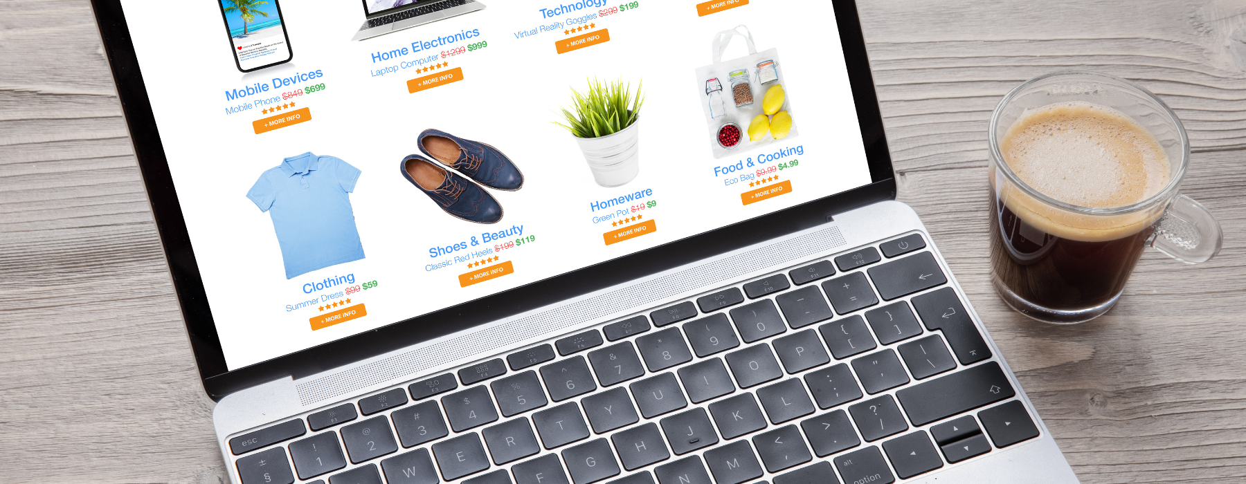 Laptop aberto exibindo uma página de e-commerce com diferentes categorias de produtos e descontos, ao lado de uma xícara de café, representando o fun consumption na experiência de compra online.