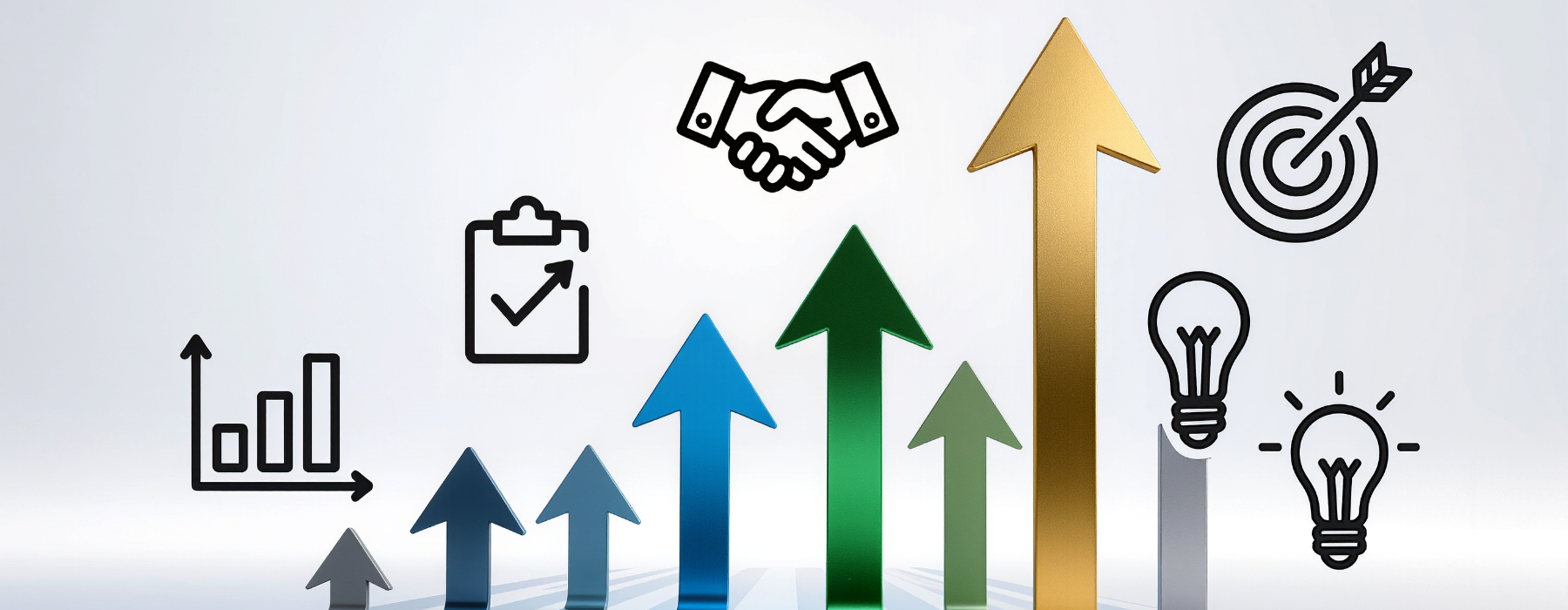 Setas coloridas apontando para cima ao lado de ícones de crescimento, ideias e metas, representando as estratégias de crescimento apresentadas pela Tally no Web Summit.