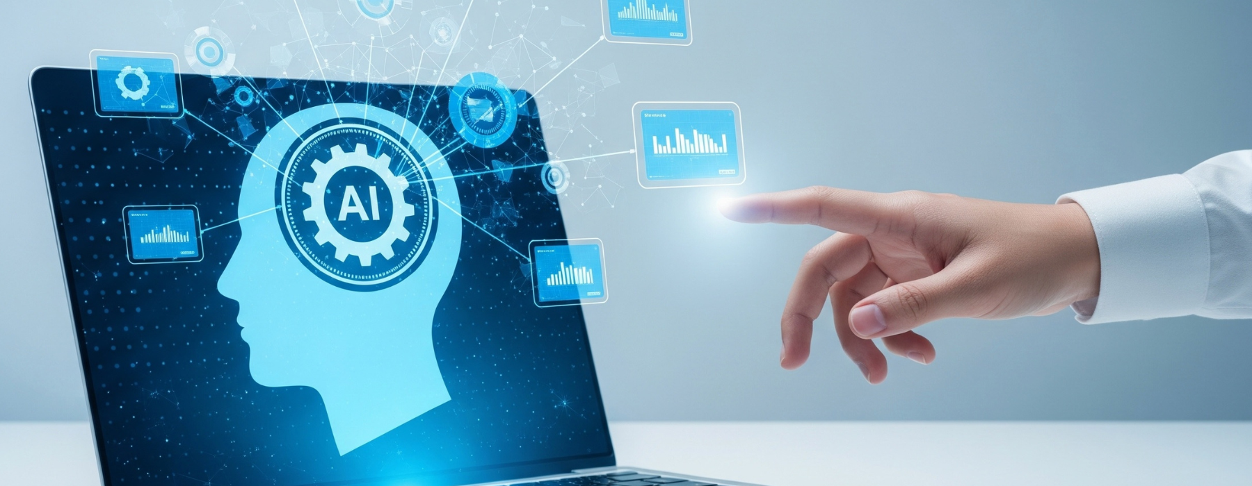 Silhueta digital com ícone de IA na tela de um notebook enquanto uma mão humana aponta para gráficos virtuais, representando agentes de IA e análise de dados.